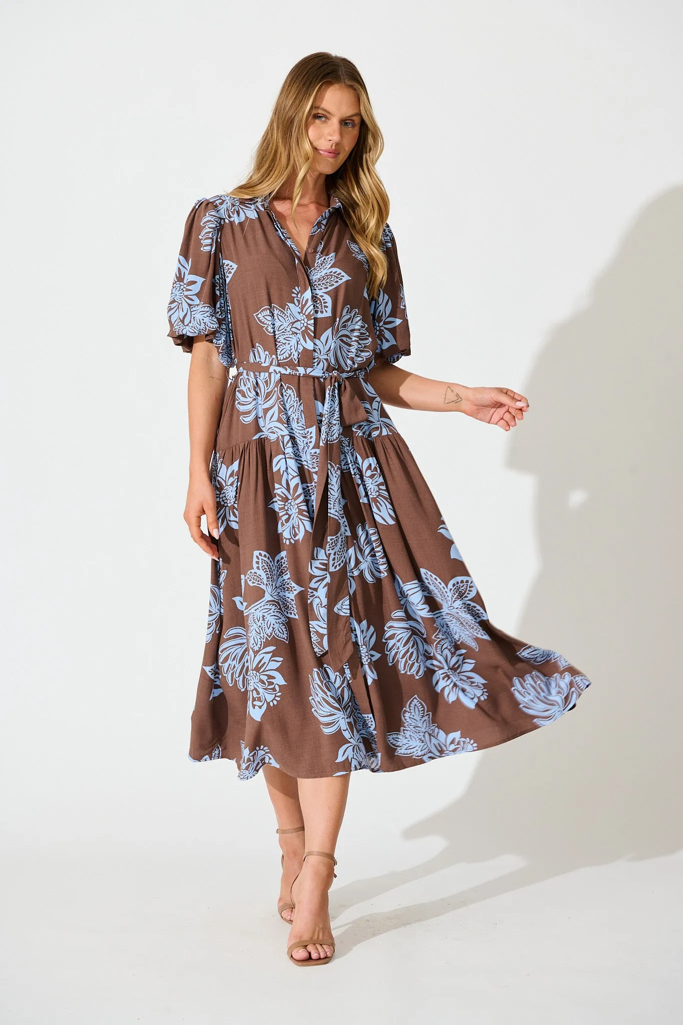Infinite Maxi Shirt Dress in Brown with Cornflower Blue Floral sold by St Frock