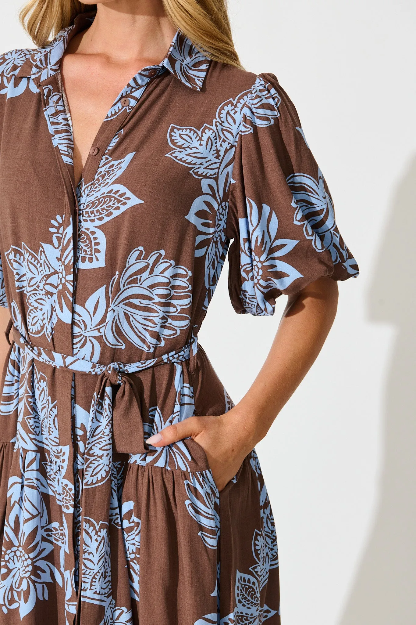 Infinite Maxi Shirt Dress in Brown with Cornflower Blue Floral sold by St Frock product image thumbnail 5