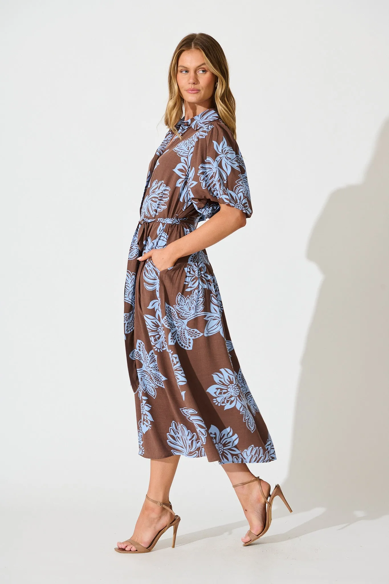 Infinite Maxi Shirt Dress in Brown with Cornflower Blue Floral sold by St Frock product image thumbnail 3