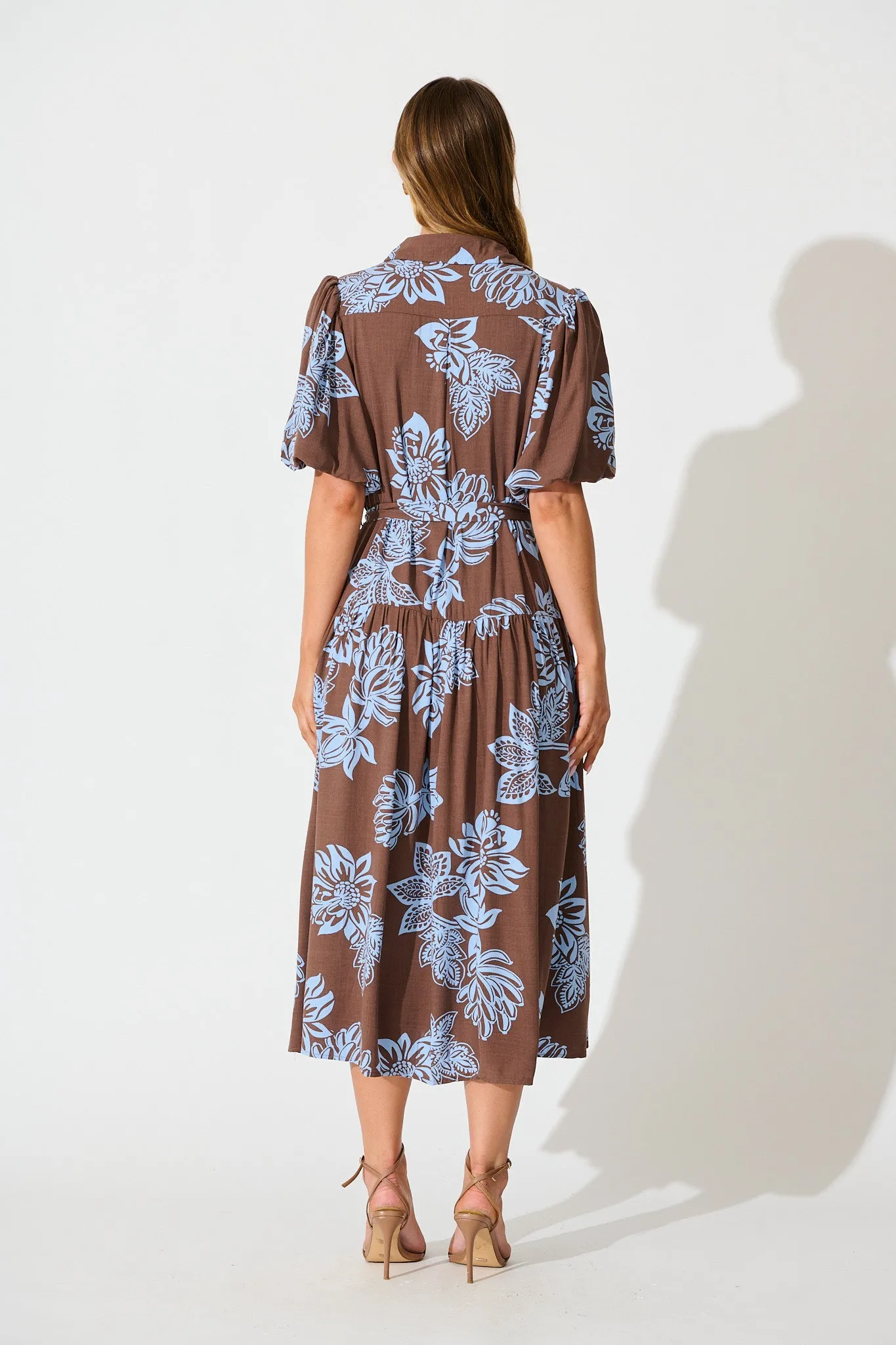 Infinite Maxi Shirt Dress in Brown with Cornflower Blue Floral sold by St Frock product image thumbnail 4
