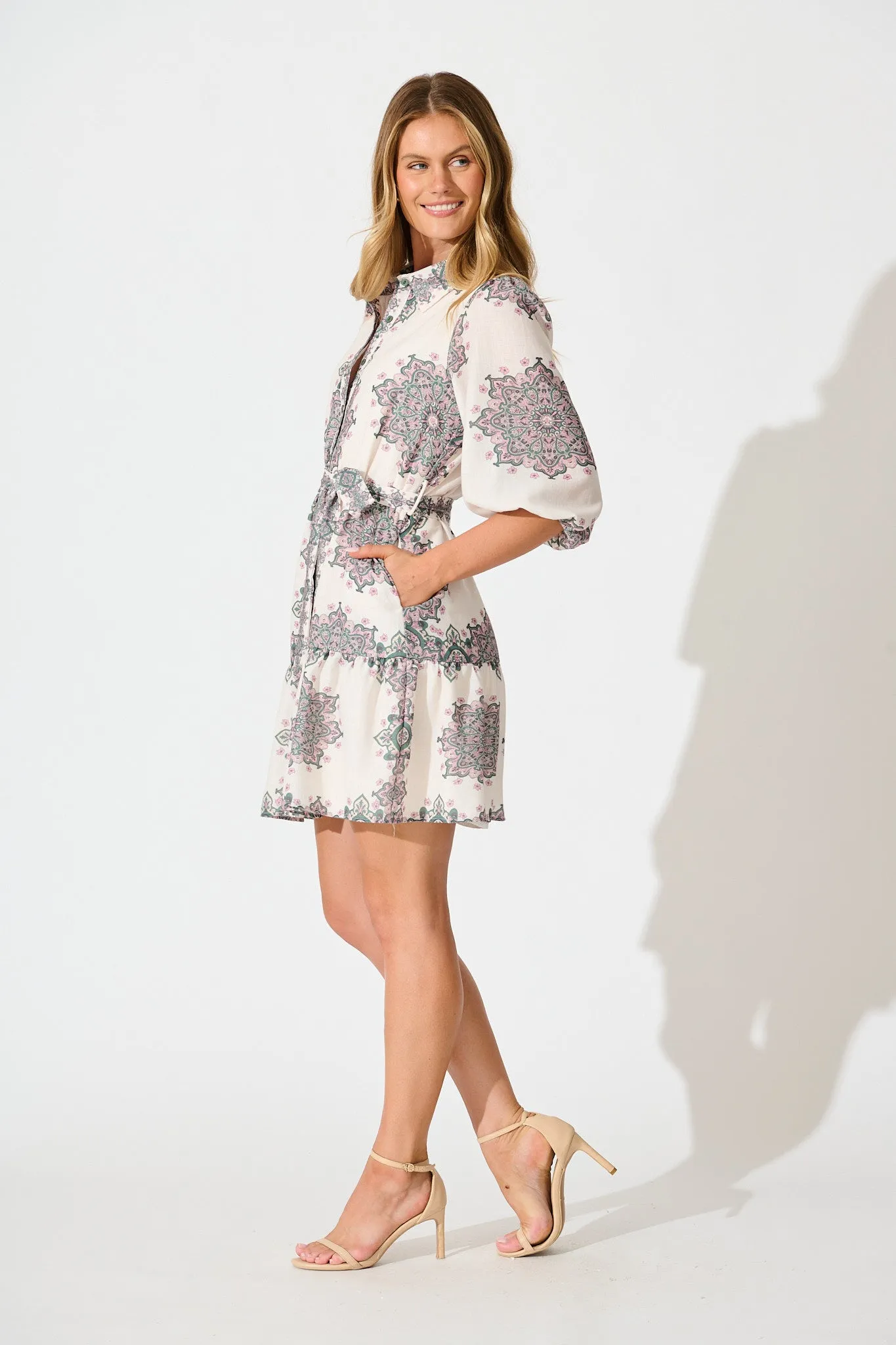 Harbour Shirt Dress in Cream with Green Multi Linen Blend sold by St Frock product image thumbnail 3