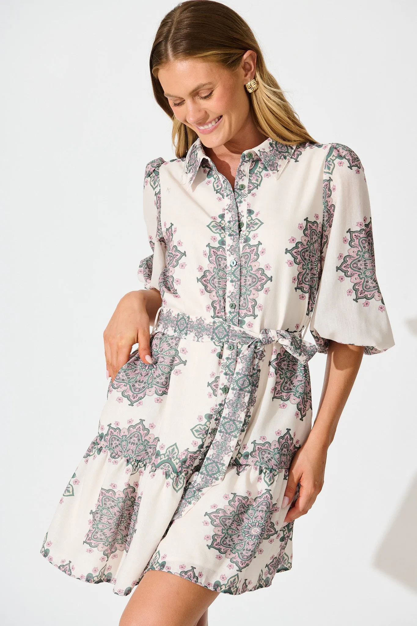 Harbour Shirt Dress in Cream with Green Multi Linen Blend sold by St Frock product image thumbnail 2