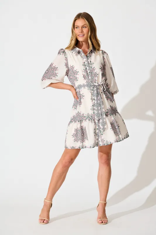 Harbour Shirt Dress in Cream with Green Multi Linen Blend sold by St Frock