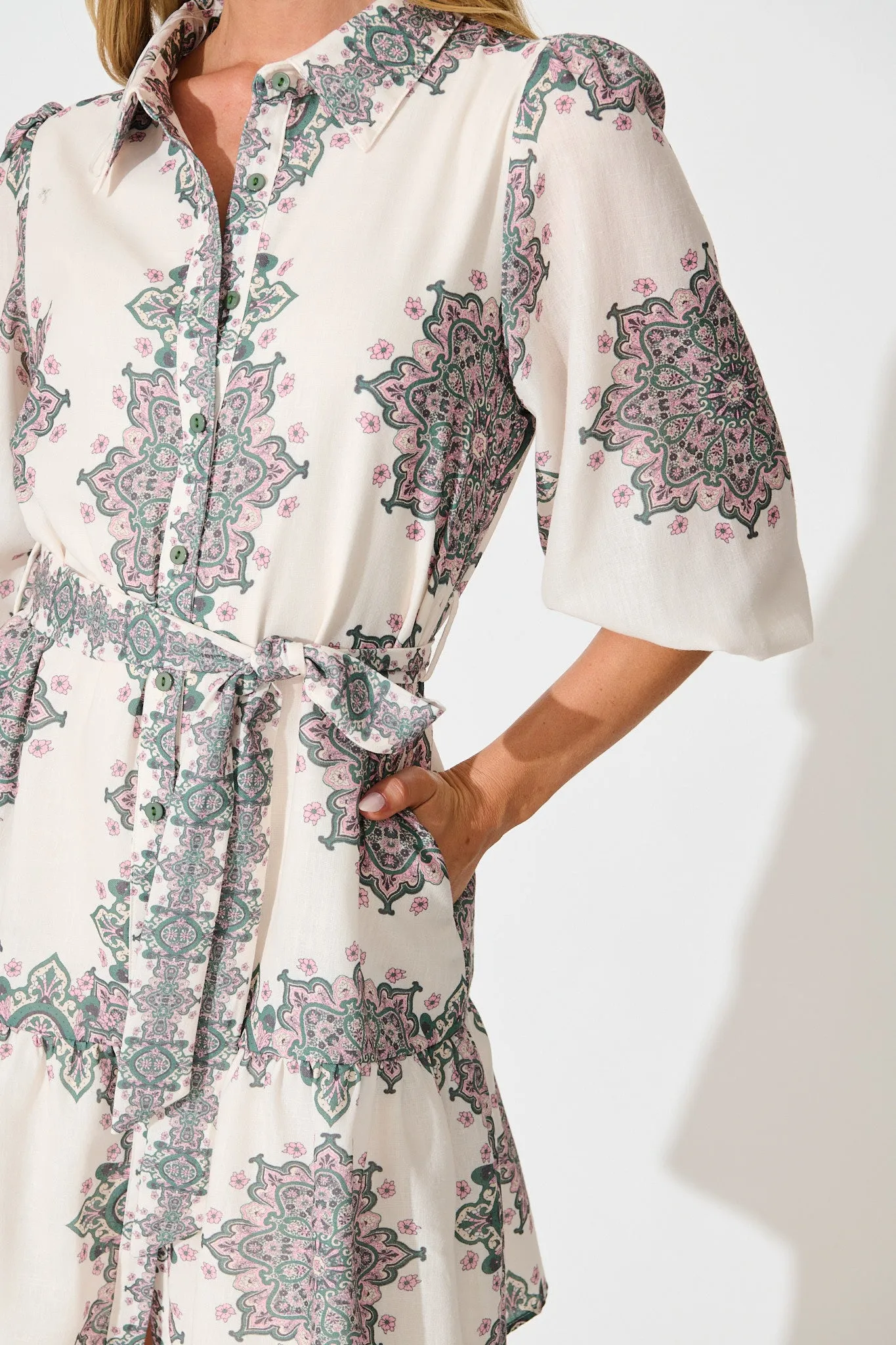 Harbour Shirt Dress in Cream with Green Multi Linen Blend sold by St Frock product image thumbnail 5