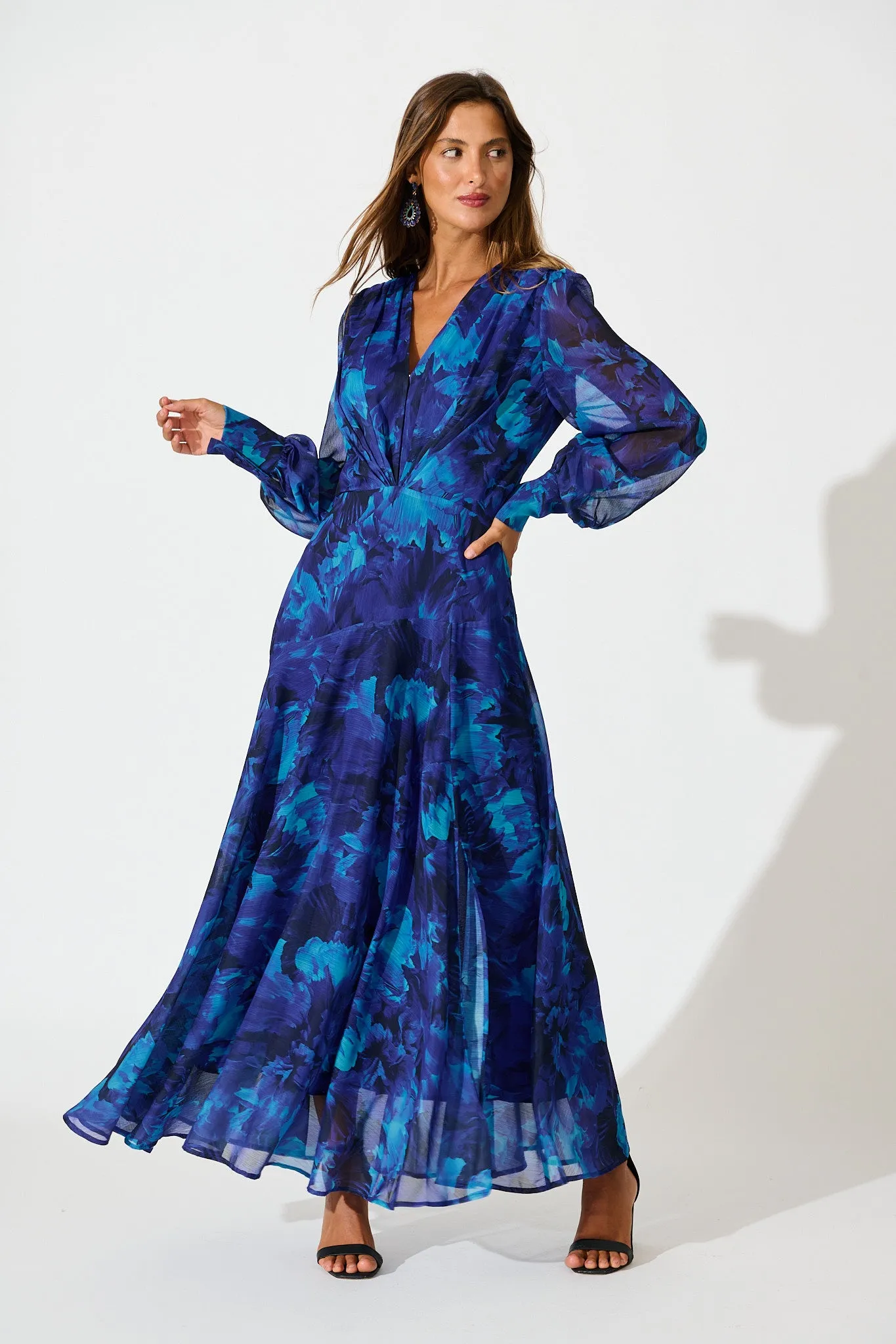 Martina Maxi Dress in Blue Watercolour Chiffon sold by St Frock