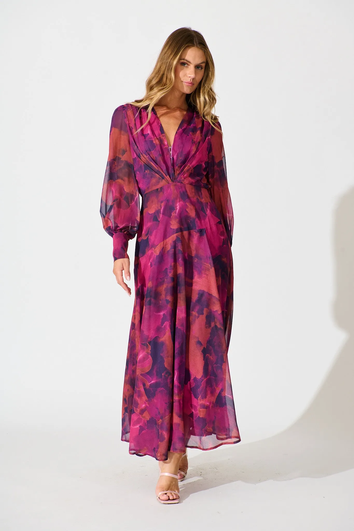 Martina Maxi Dress in Purple Watercolour Chiffon sold by St Frock