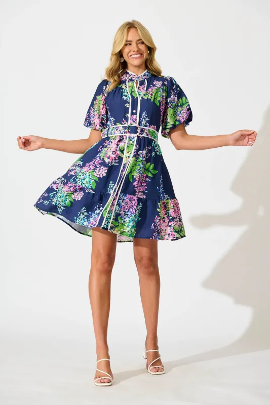 Maybelle Shirt Dress in Navy Wisteria Print with Piping Trim sold by St Frock