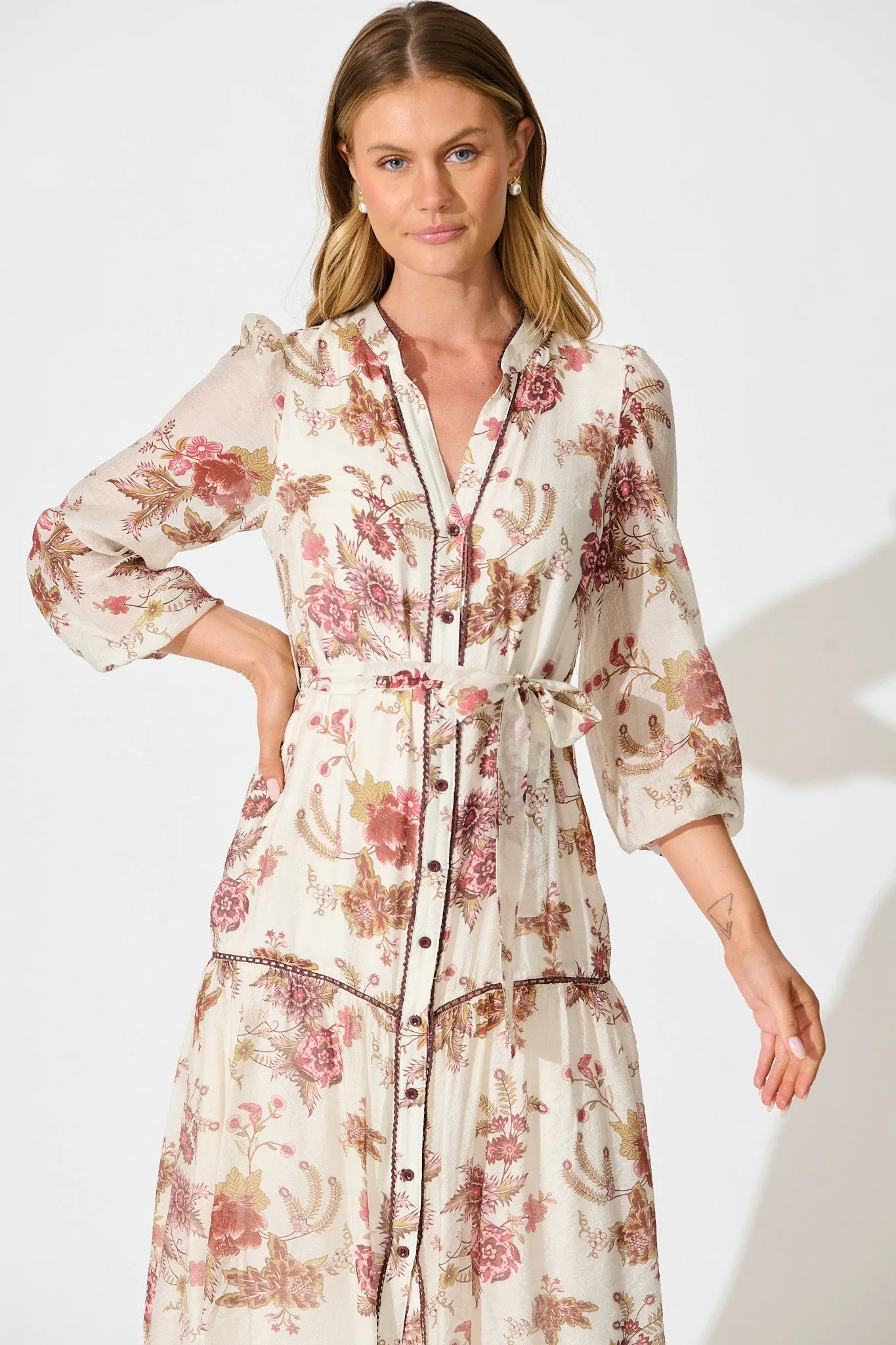Isobel Midi Dress in Cream with Multi Pink Floral sold by St Frock product image thumbnail 2