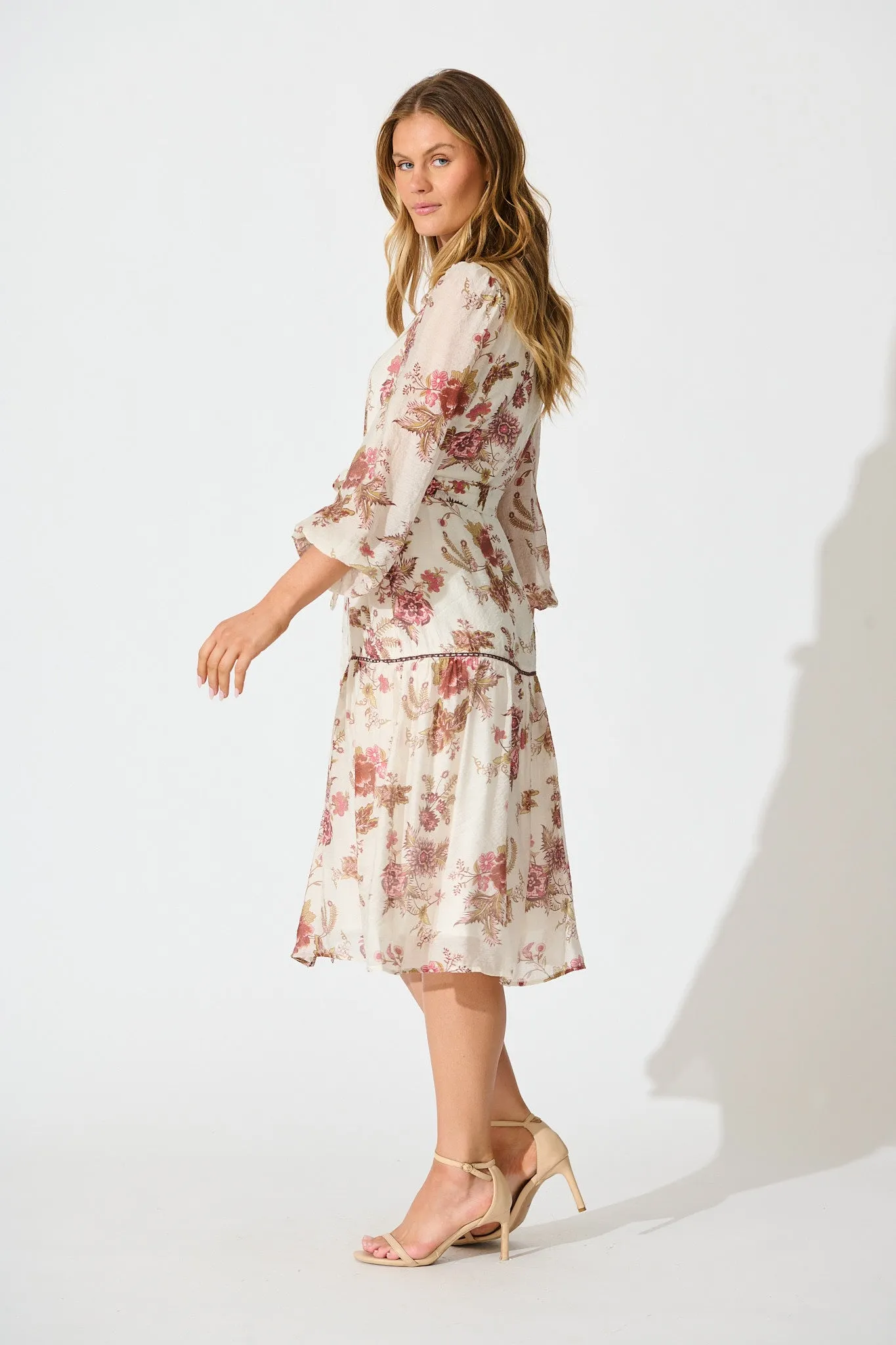 Isobel Midi Dress in Cream with Multi Pink Floral sold by St Frock product image thumbnail 3