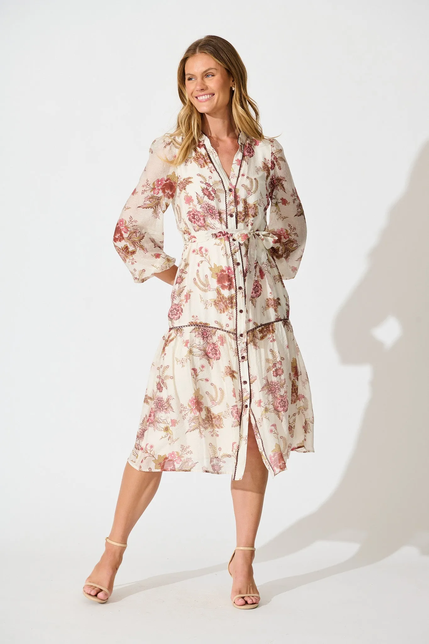 Isobel Midi Dress in Cream with Multi Pink Floral sold by St Frock