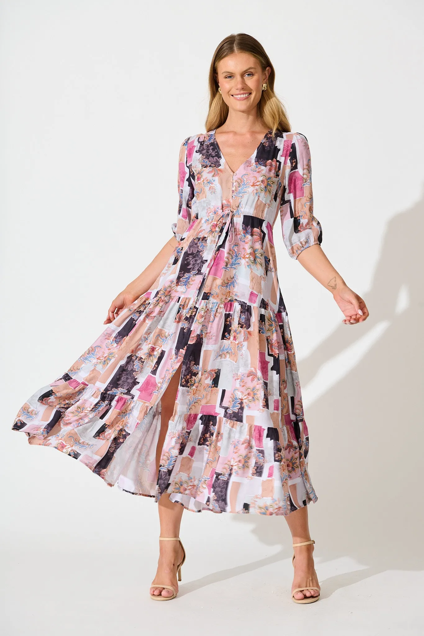 Ivanna Midi Dress in Multi Patchwork Print sold by St Frock
