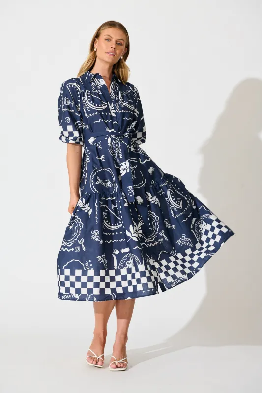 Demi Midi Shirt Dress in Navy with White Cotton sold by St Frock