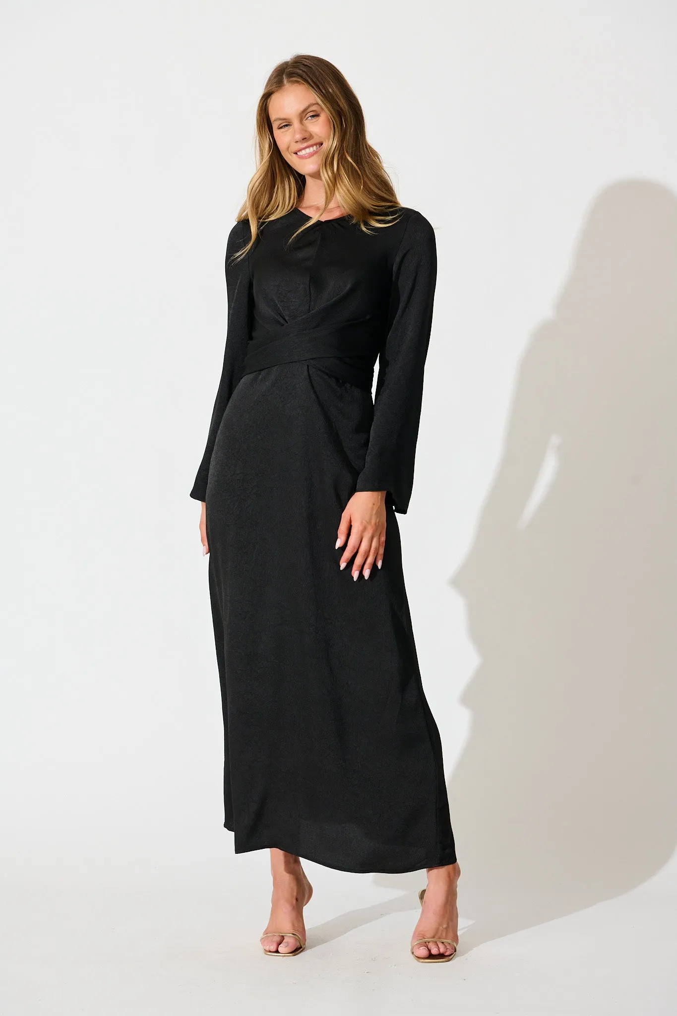The moment Maxi Dress in Black Crinkle Satin sold by St Frock