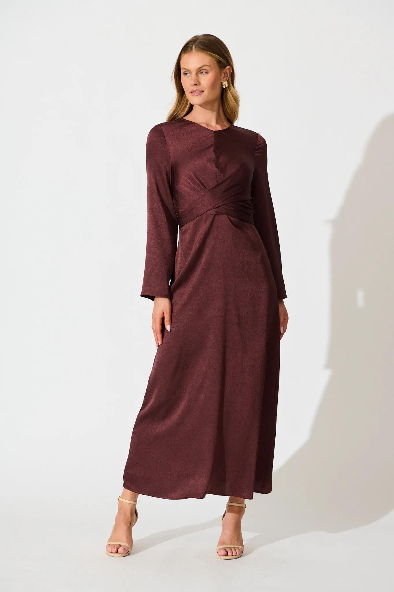 The moment Maxi Dress in Wine Crinkle Satin sold by St Frock