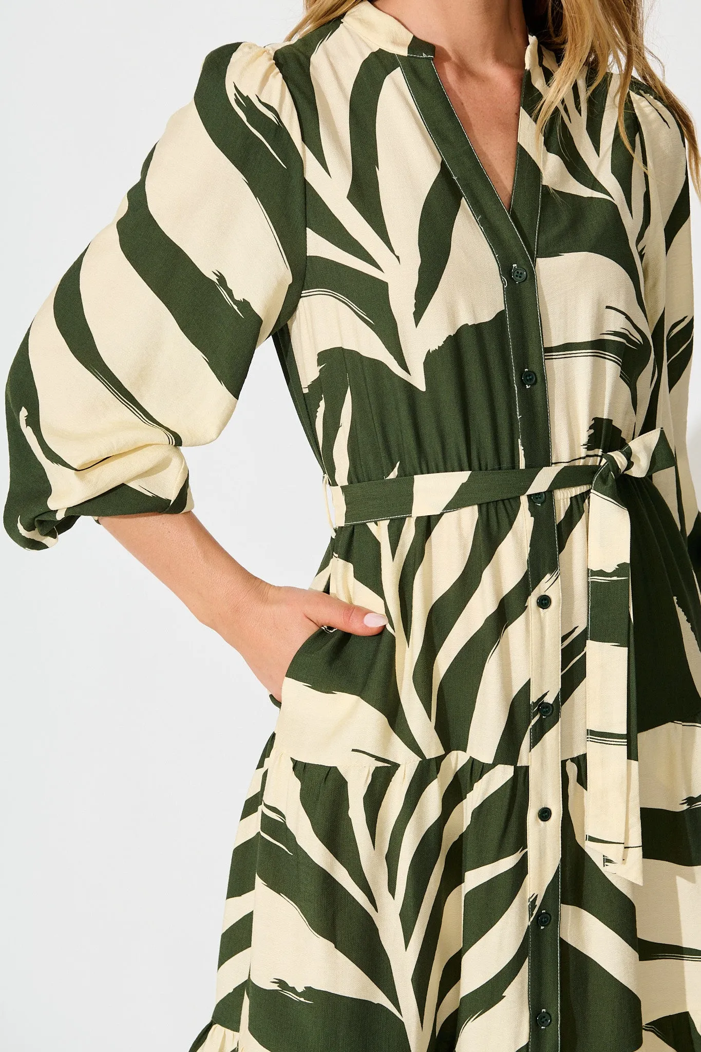 Maribelle Dress in Green with Cream Leaf Print sold by St Frock product image thumbnail 5