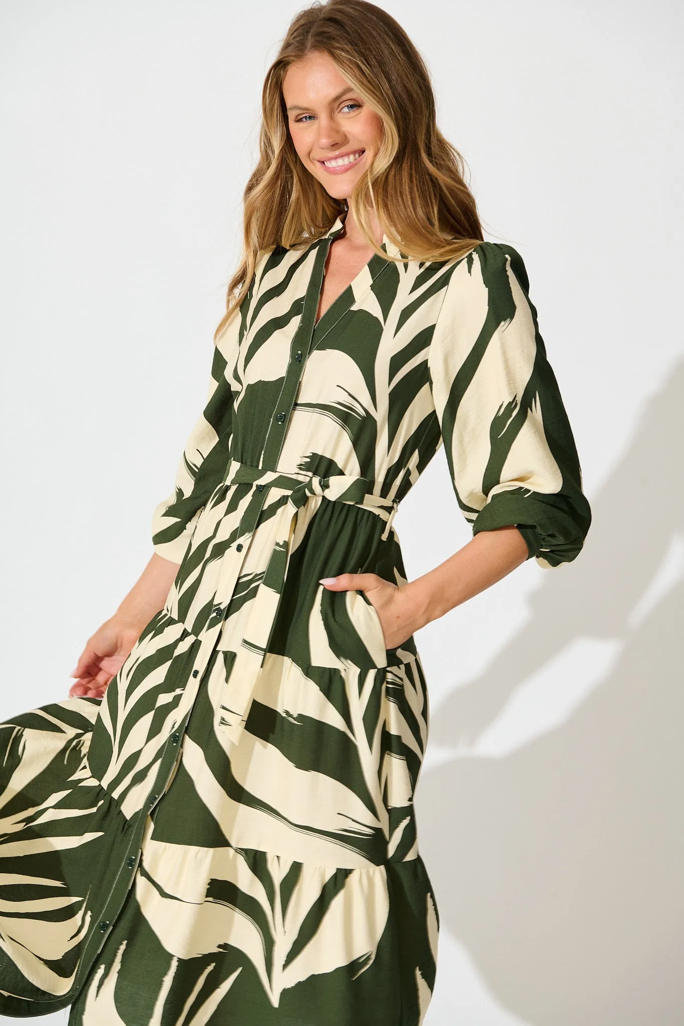 Maribelle Dress in Green with Cream Leaf Print sold by St Frock product image thumbnail 2
