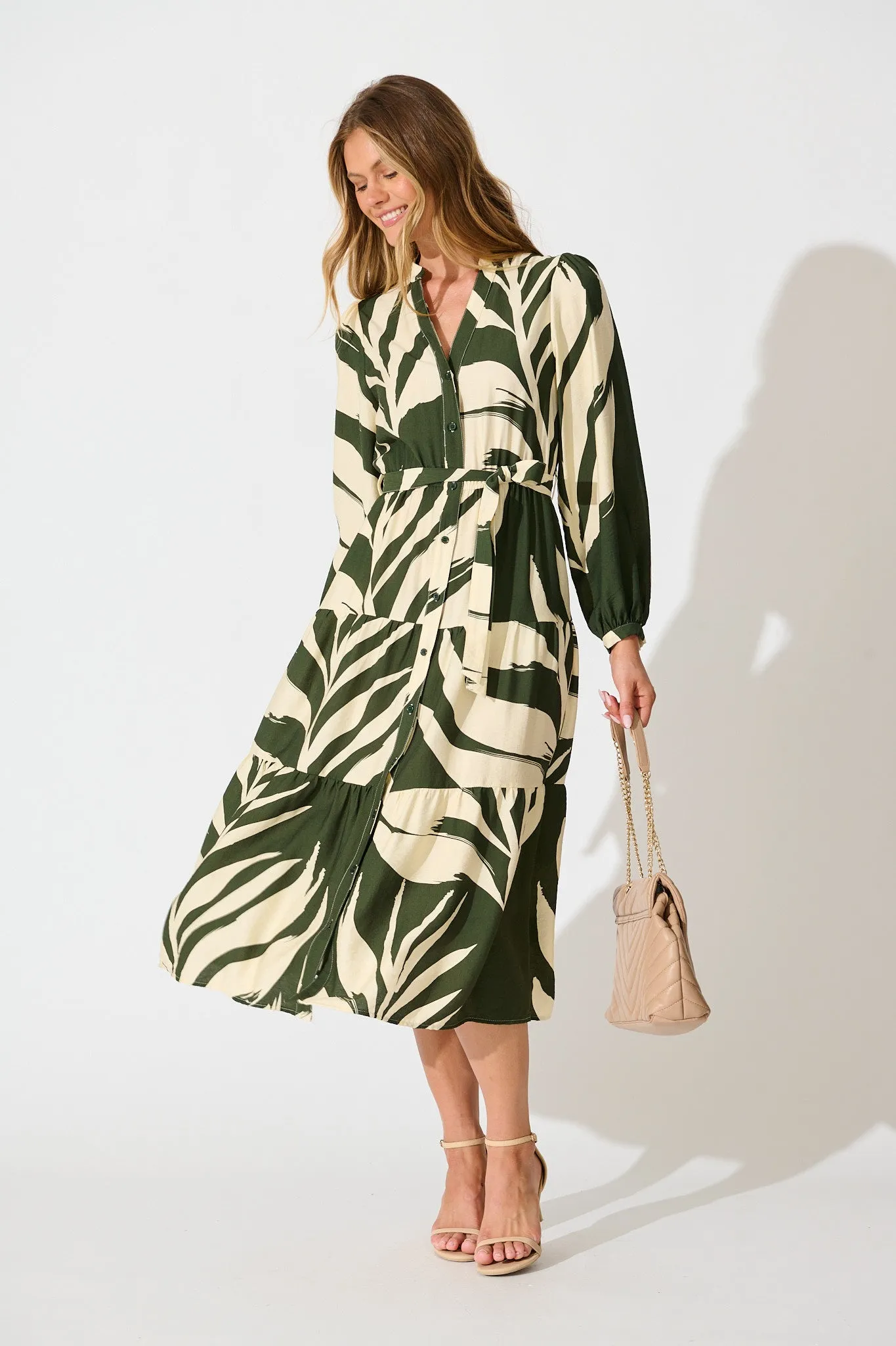 Maribelle Dress in Green with Cream Leaf Print sold by St Frock