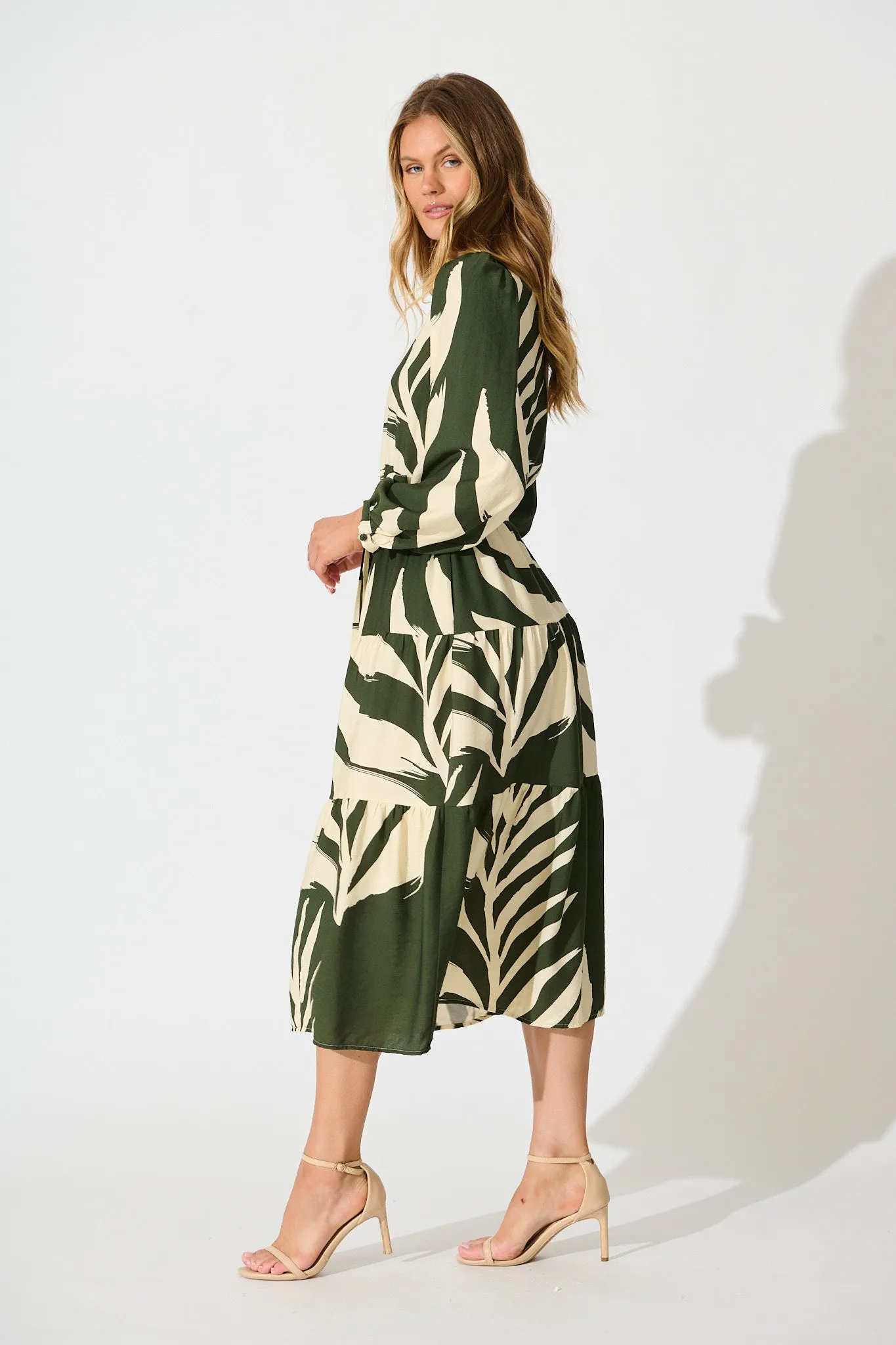 Maribelle Dress in Green with Cream Leaf Print sold by St Frock product image thumbnail 3