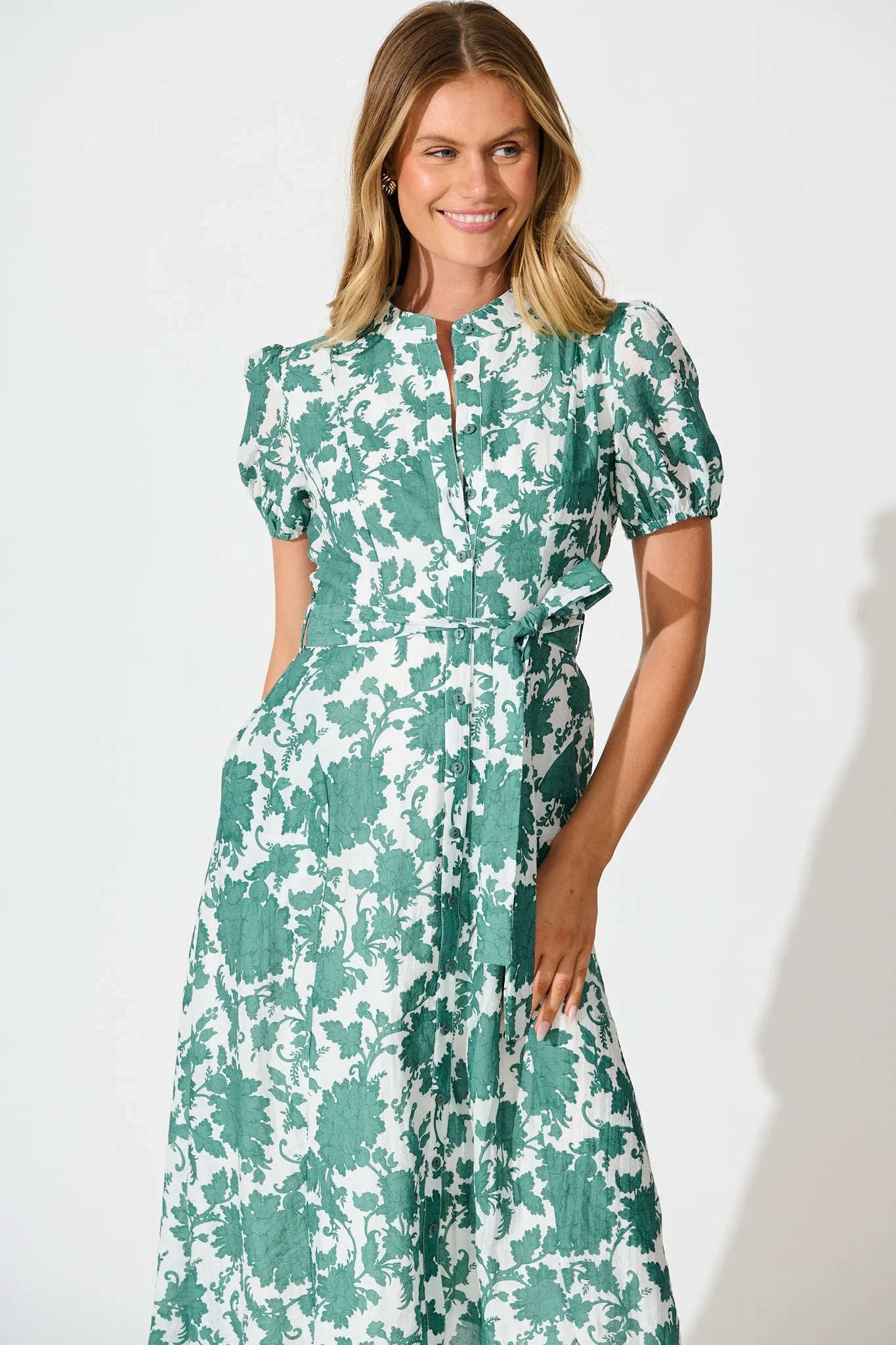 Farida Midi Dress in White with Green Floral Cotton Blend sold by St Frock product image thumbnail 2