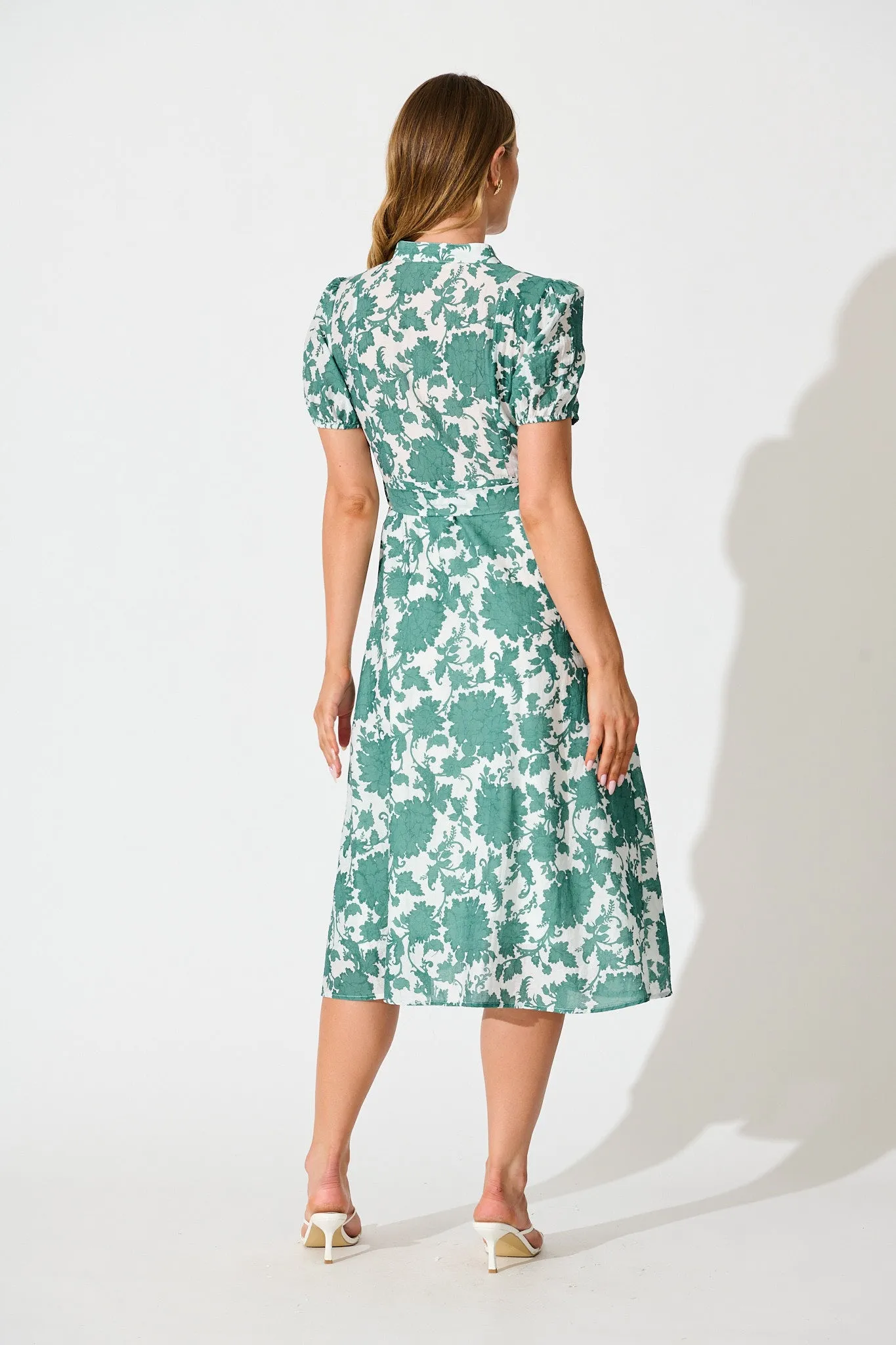 Farida Midi Dress in White with Green Floral Cotton Blend sold by St Frock product image thumbnail 4