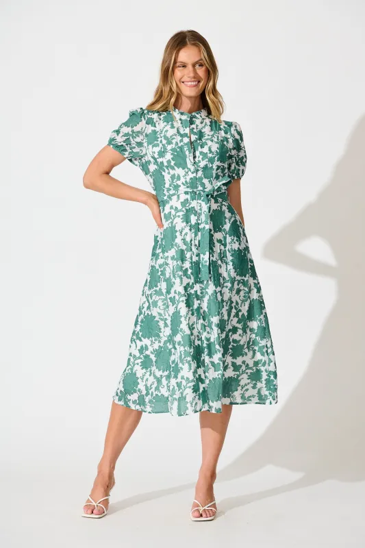 Farida Midi Dress in White with Green Floral Cotton Blend sold by St Frock