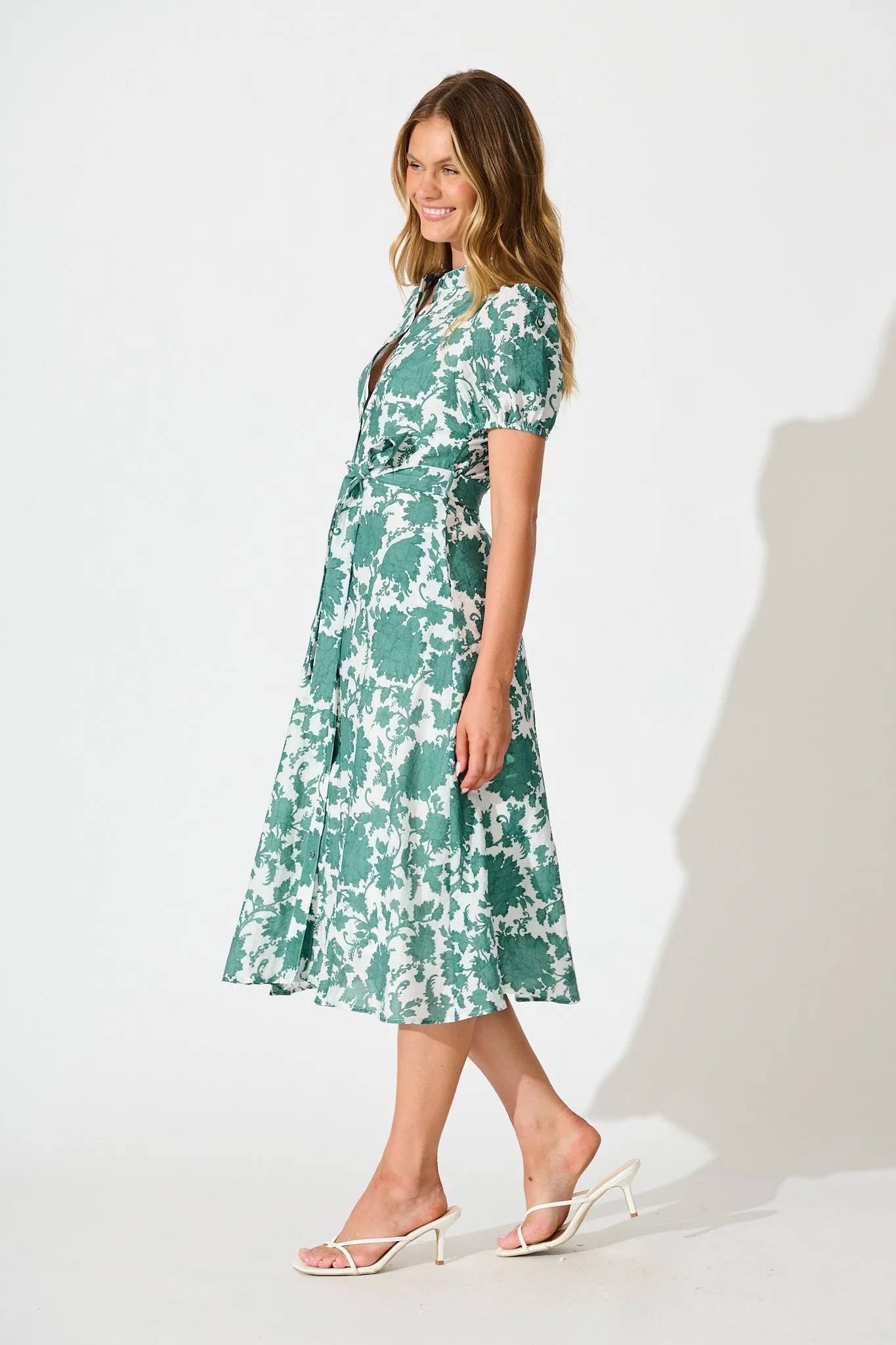 Farida Midi Dress in White with Green Floral Cotton Blend sold by St Frock product image thumbnail 3