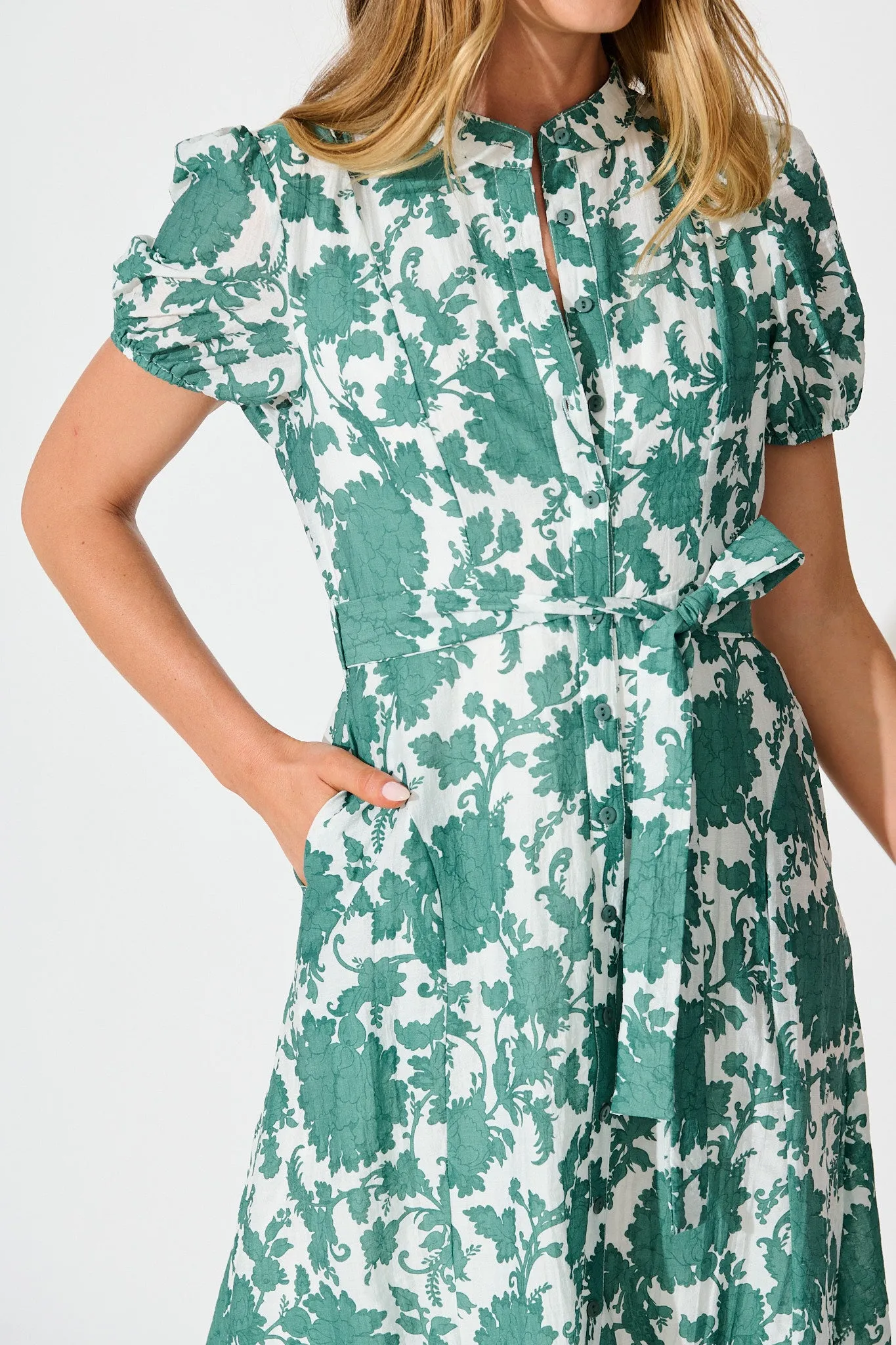 Farida Midi Dress in White with Green Floral Cotton Blend sold by St Frock product image thumbnail 5