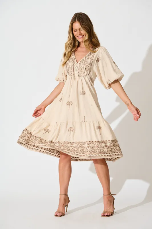 Luminous Midi Dress in Beige with Brown Palm Tree Embroidery sold by St Frock