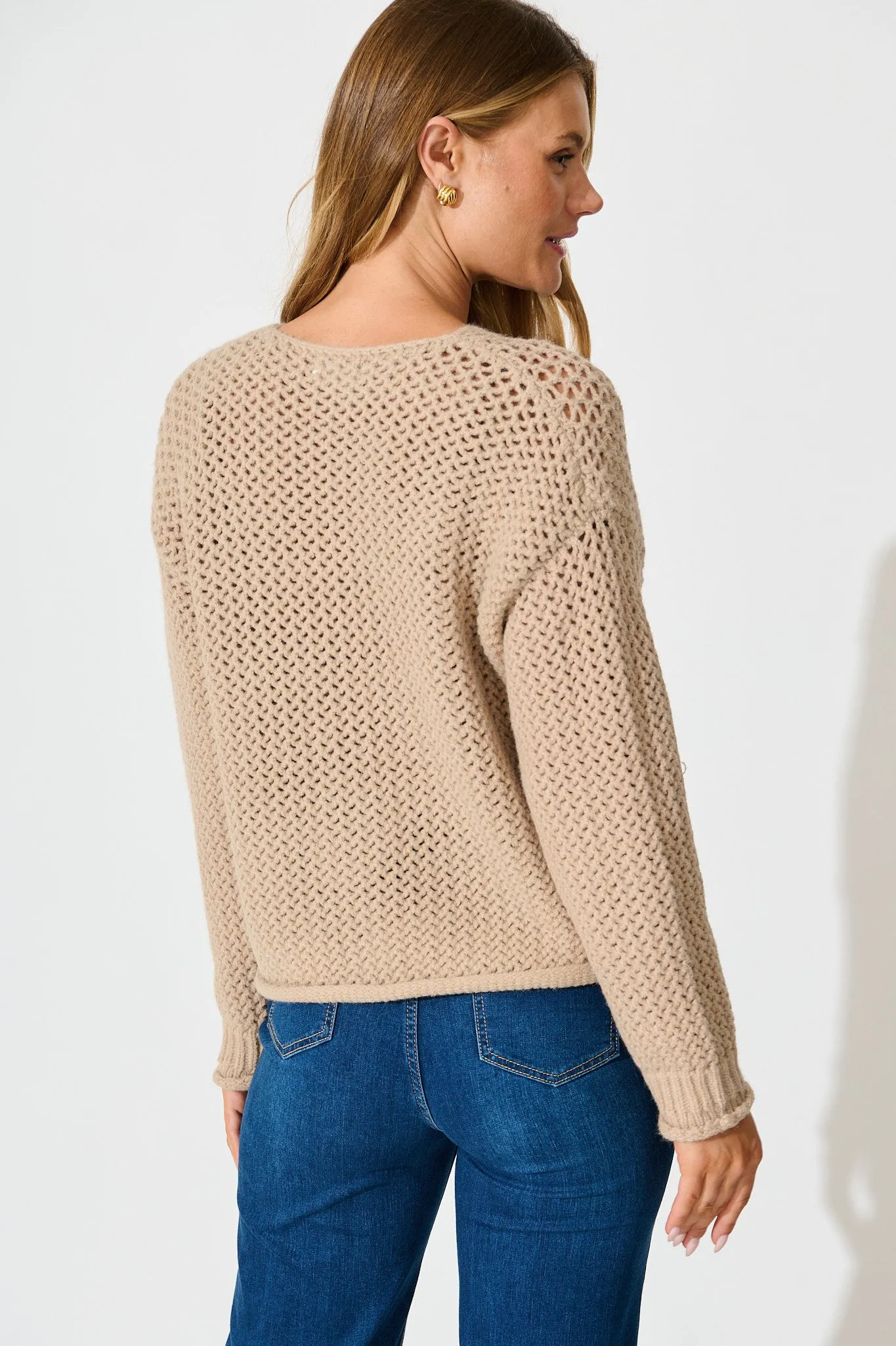 Tala Knit Cardigan in Beige with Gold Buttons Wool Blend sold by St Frock product image thumbnail 3