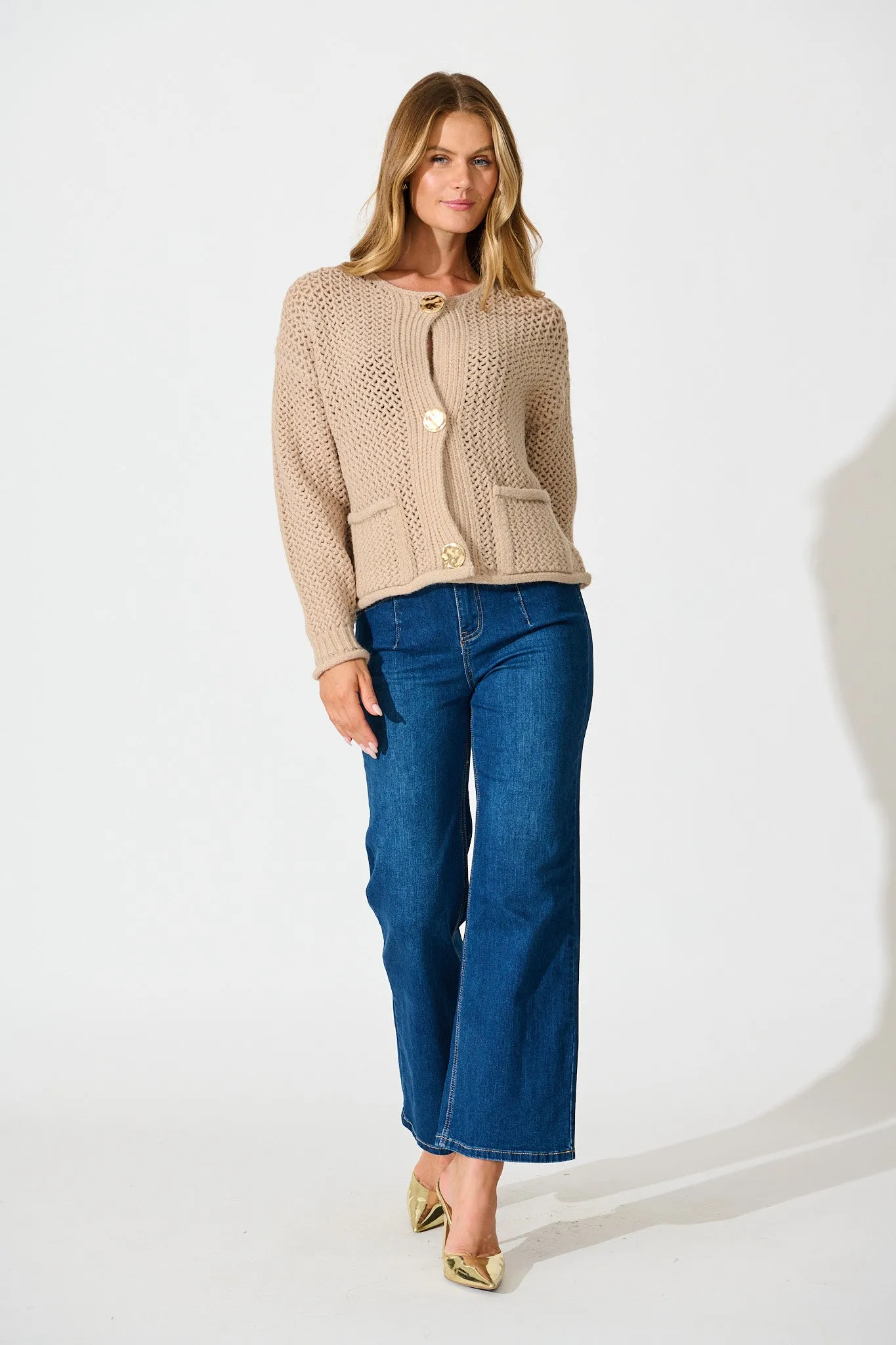 Tala Knit Cardigan in Beige with Gold Buttons Wool Blend sold by St Frock product image thumbnail 4