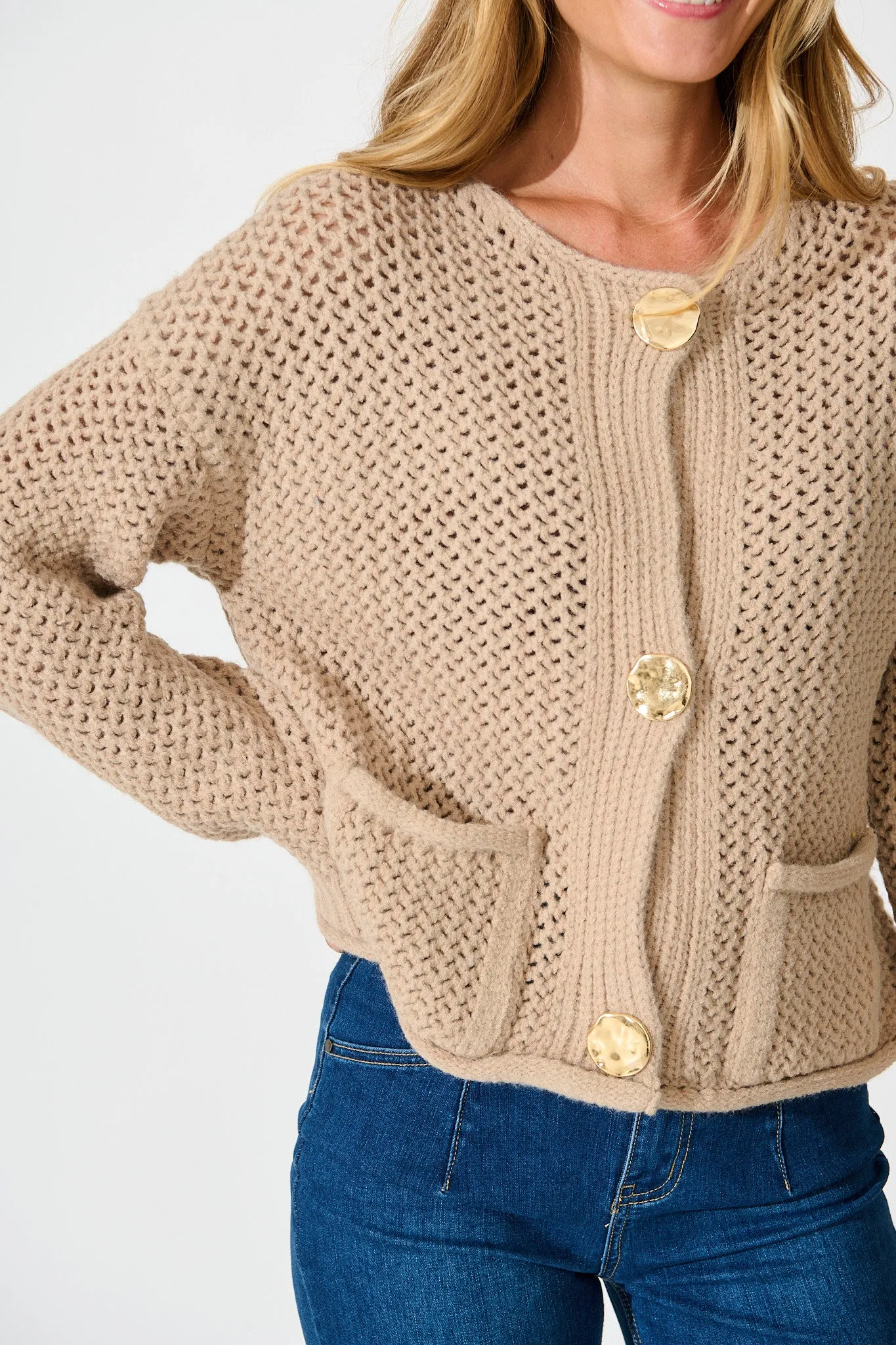 Tala Knit Cardigan in Beige with Gold Buttons Wool Blend sold by St Frock product image thumbnail 5