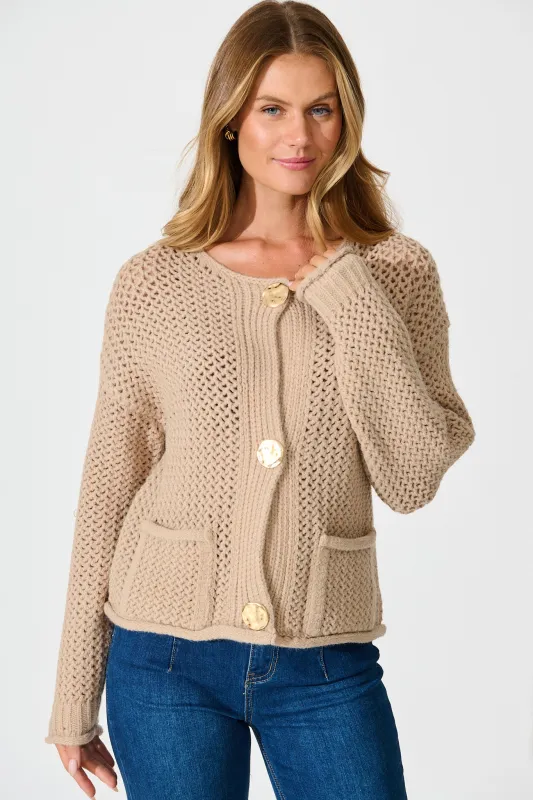 Tala Knit Cardigan in Beige with Gold Buttons Wool Blend sold by St Frock