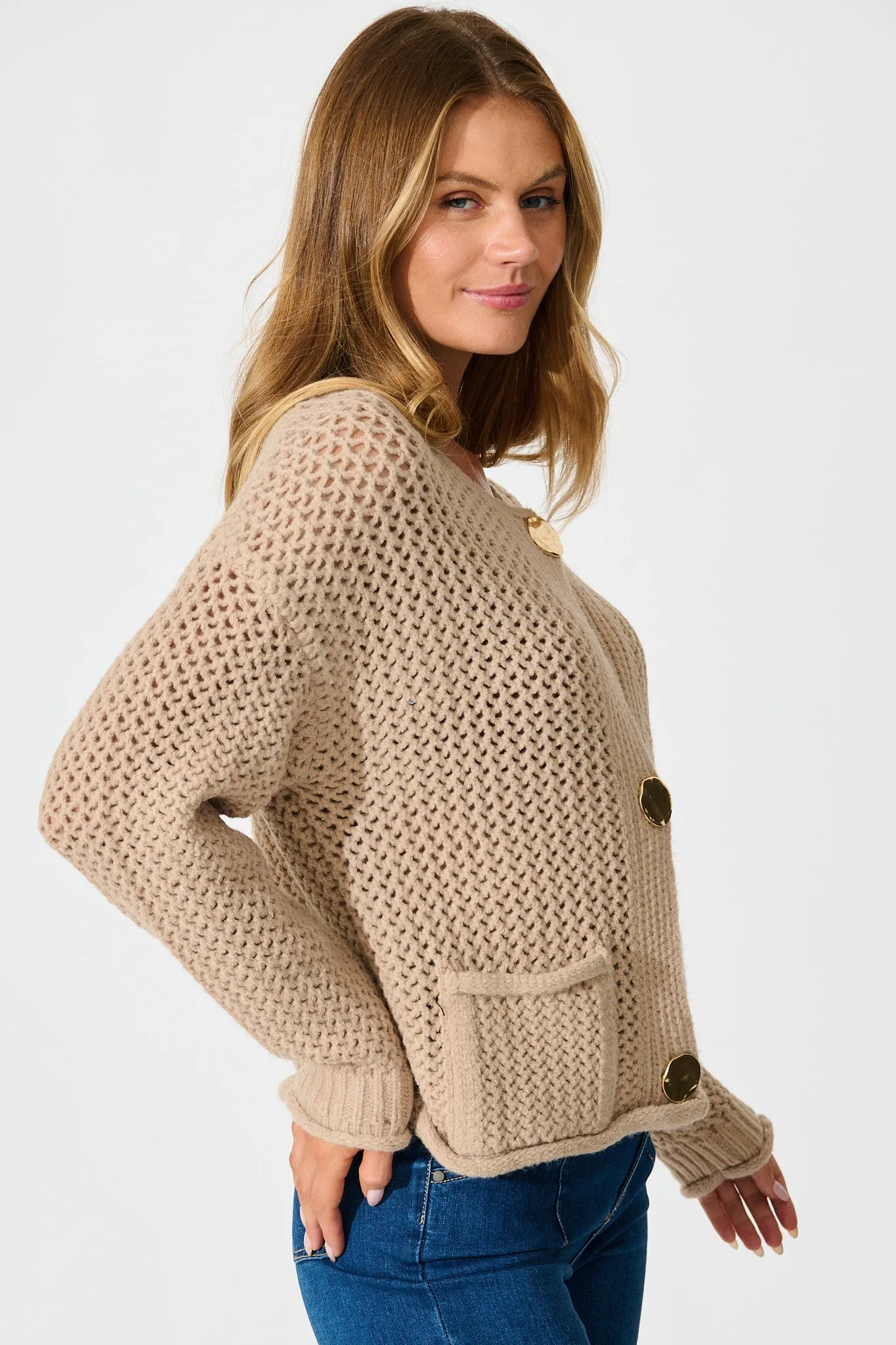 Tala Knit Cardigan in Beige with Gold Buttons Wool Blend sold by St Frock product image thumbnail 2