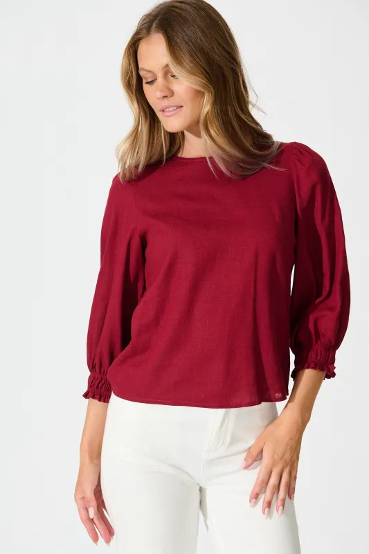 Lanie Top in Wine Cotton Linen sold by St Frock