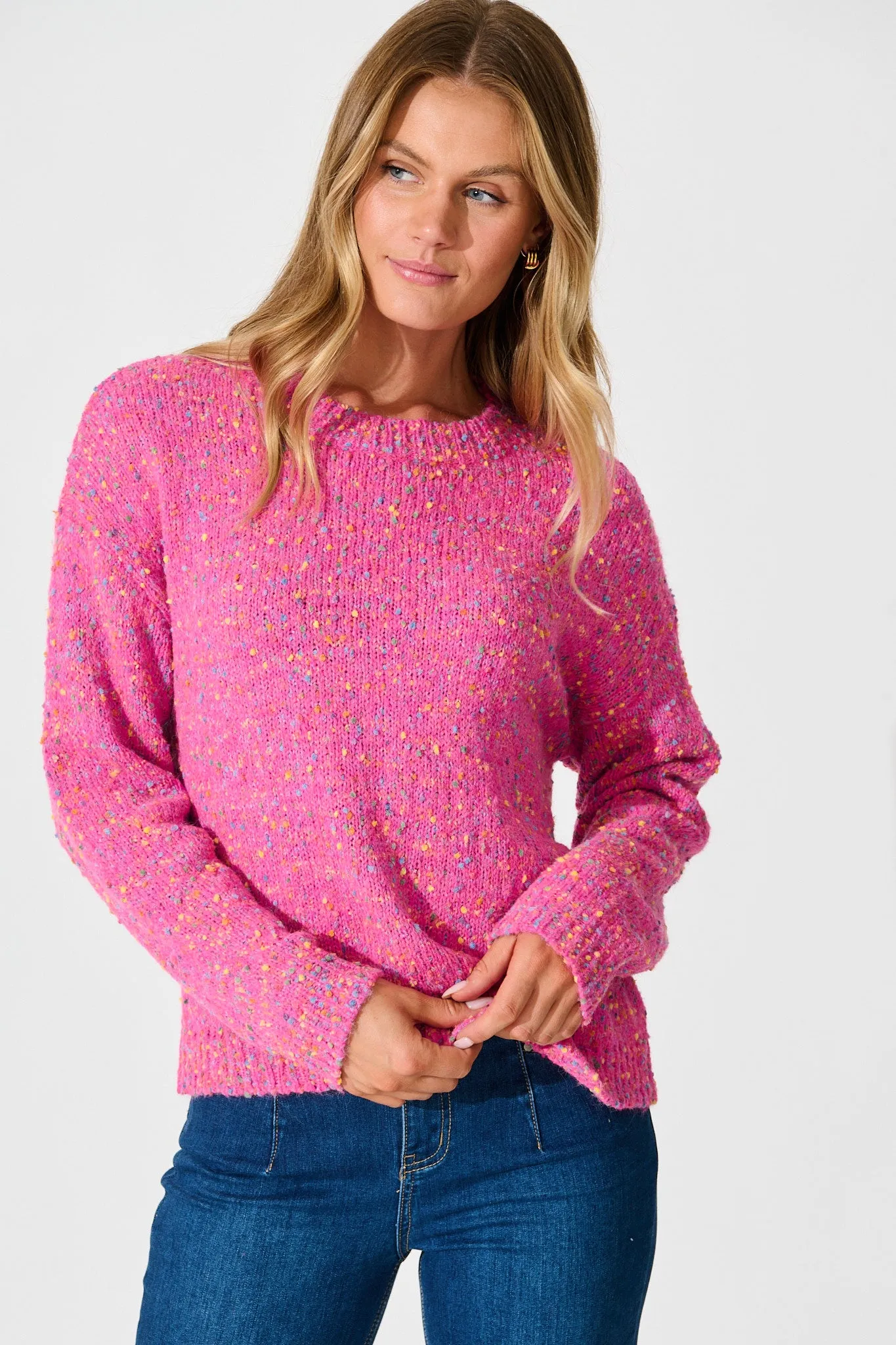 Emilia Knit in Pink Multi Wool Blend sold by St Frock