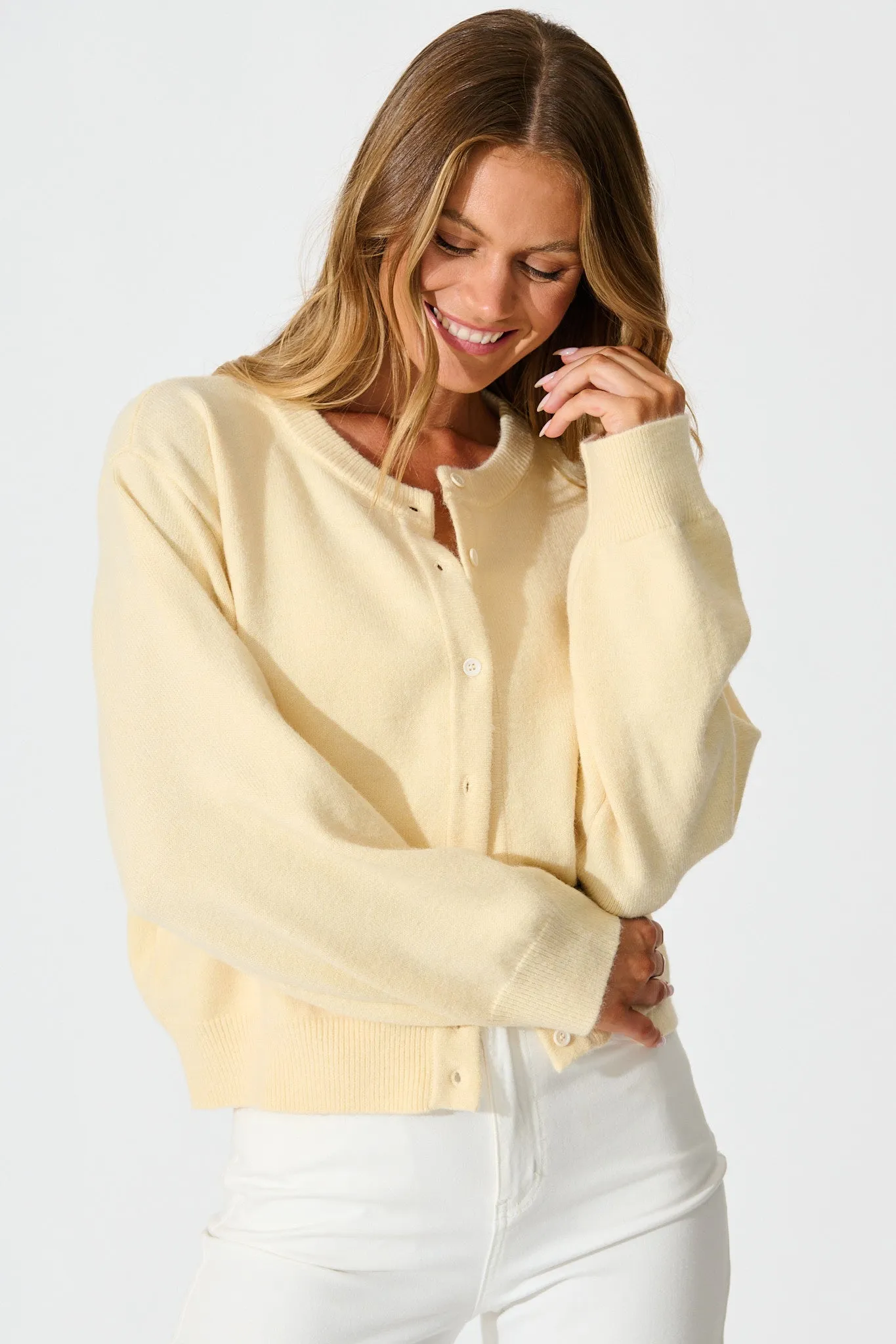 Astrid Knit Cardigan In Butter Yellow Wool Blend sold by St Frock
