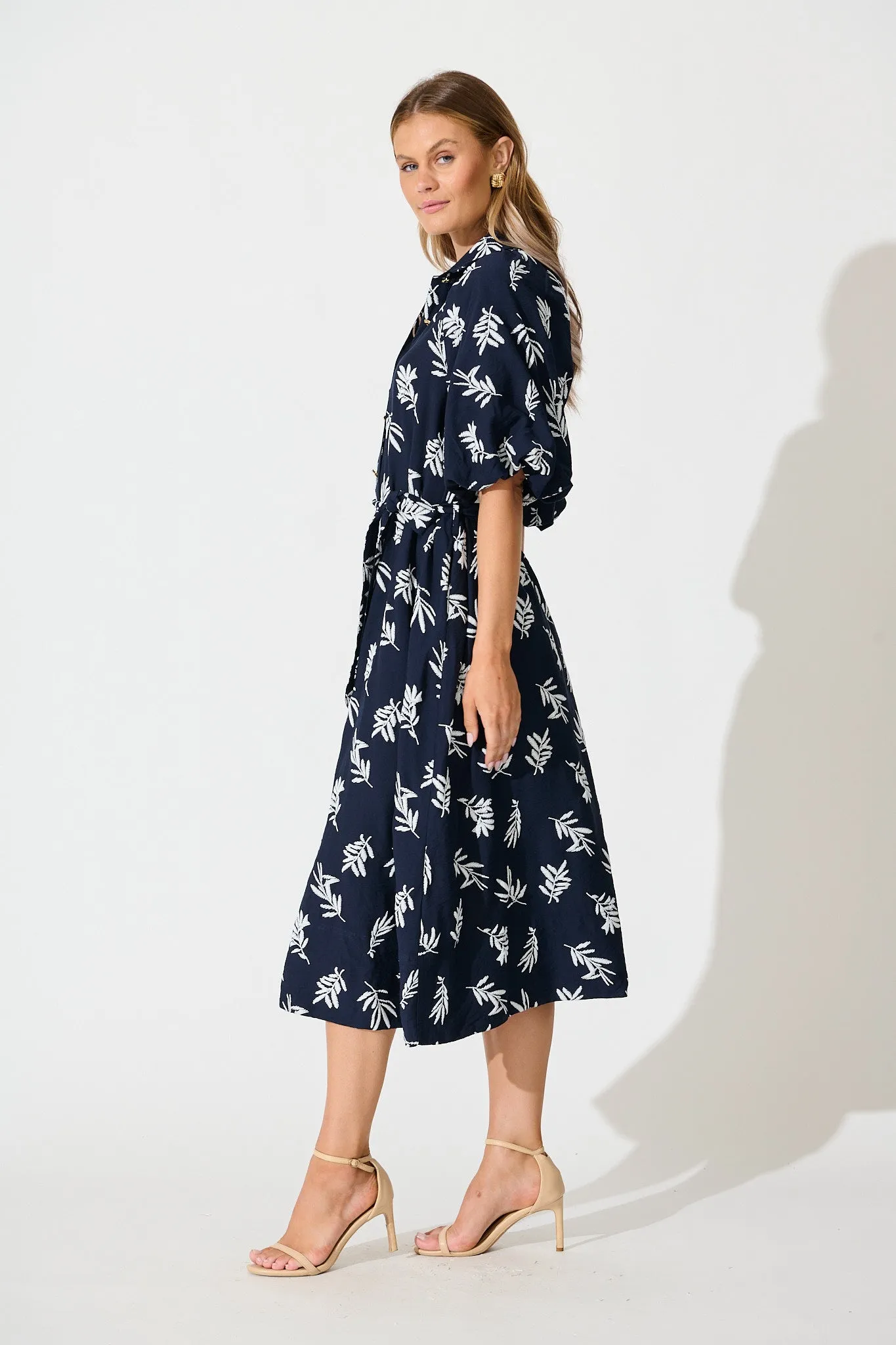 Jasmine Midi Shirt Dress in Navy with White Leaf sold by St Frock product image thumbnail 3