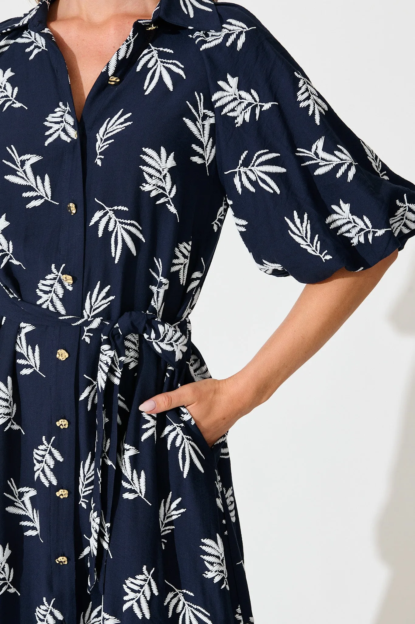 Jasmine Midi Shirt Dress in Navy with White Leaf sold by St Frock product image thumbnail 5