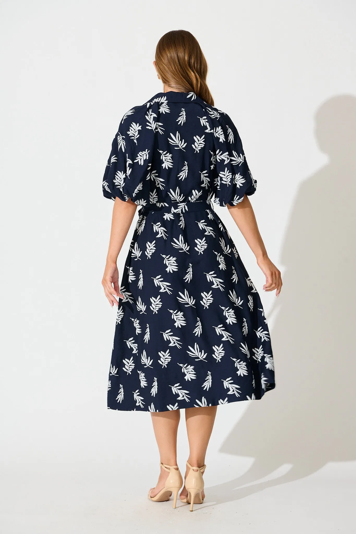 Jasmine Midi Shirt Dress in Navy with White Leaf sold by St Frock product image thumbnail 4