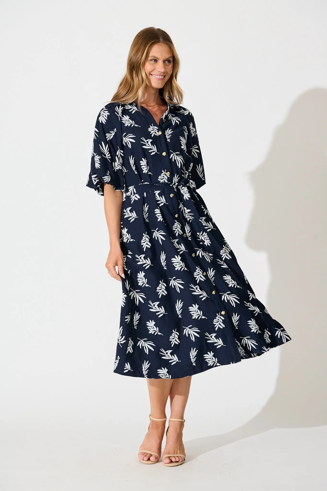 Jasmine Midi Shirt Dress in Navy with White Leaf sold by St Frock