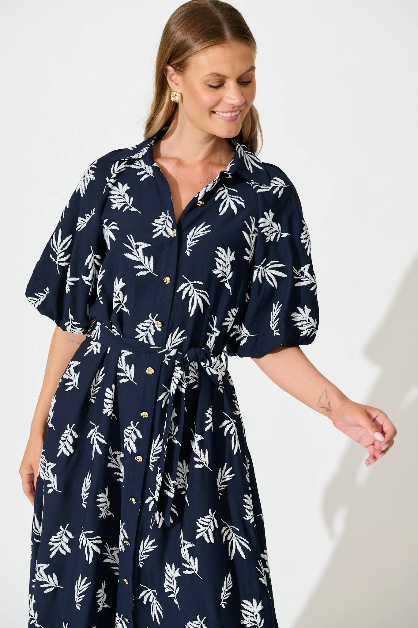 Jasmine Midi Shirt Dress in Navy with White Leaf sold by St Frock product image thumbnail 2