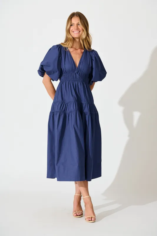 Amalie Midi Dress In Navy Cotton sold by St Frock