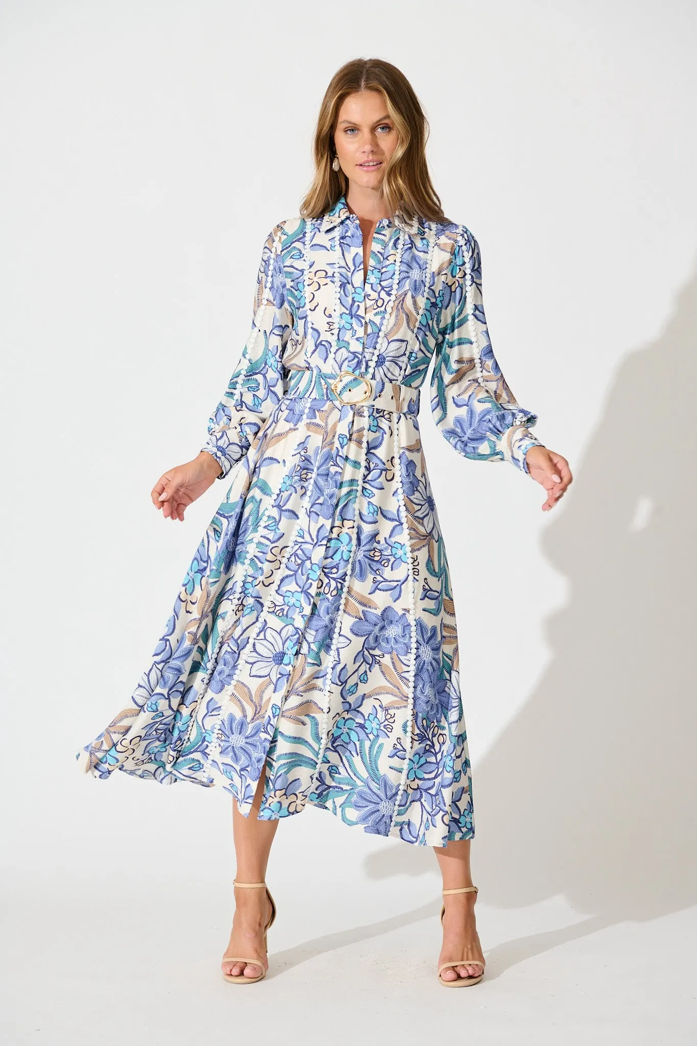 Lovingly Maxi Shirt Dress in Blue Floral with Contrast Trim sold by St Frock