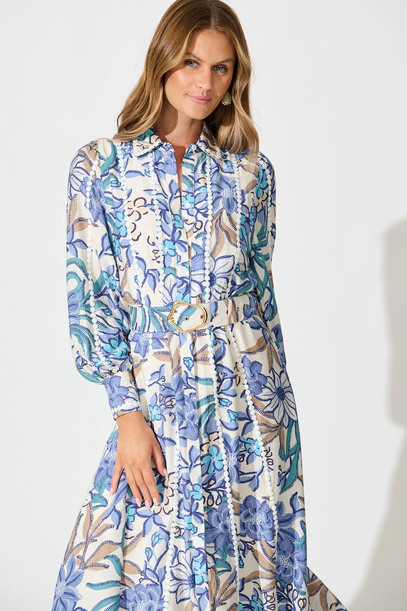 Lovingly Maxi Shirt Dress in Blue Floral with Contrast Trim sold by St Frock product image thumbnail 2