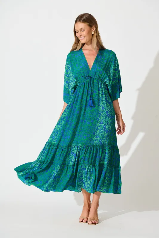 Admire You Maxi Dress in Green with Blue Floral sold by St Frock