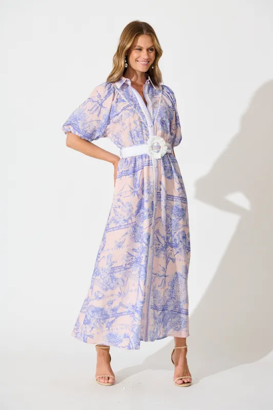 Garden Spritz Maxi Shirt Dress in Blush with Blue Linen Blend sold by St Frock