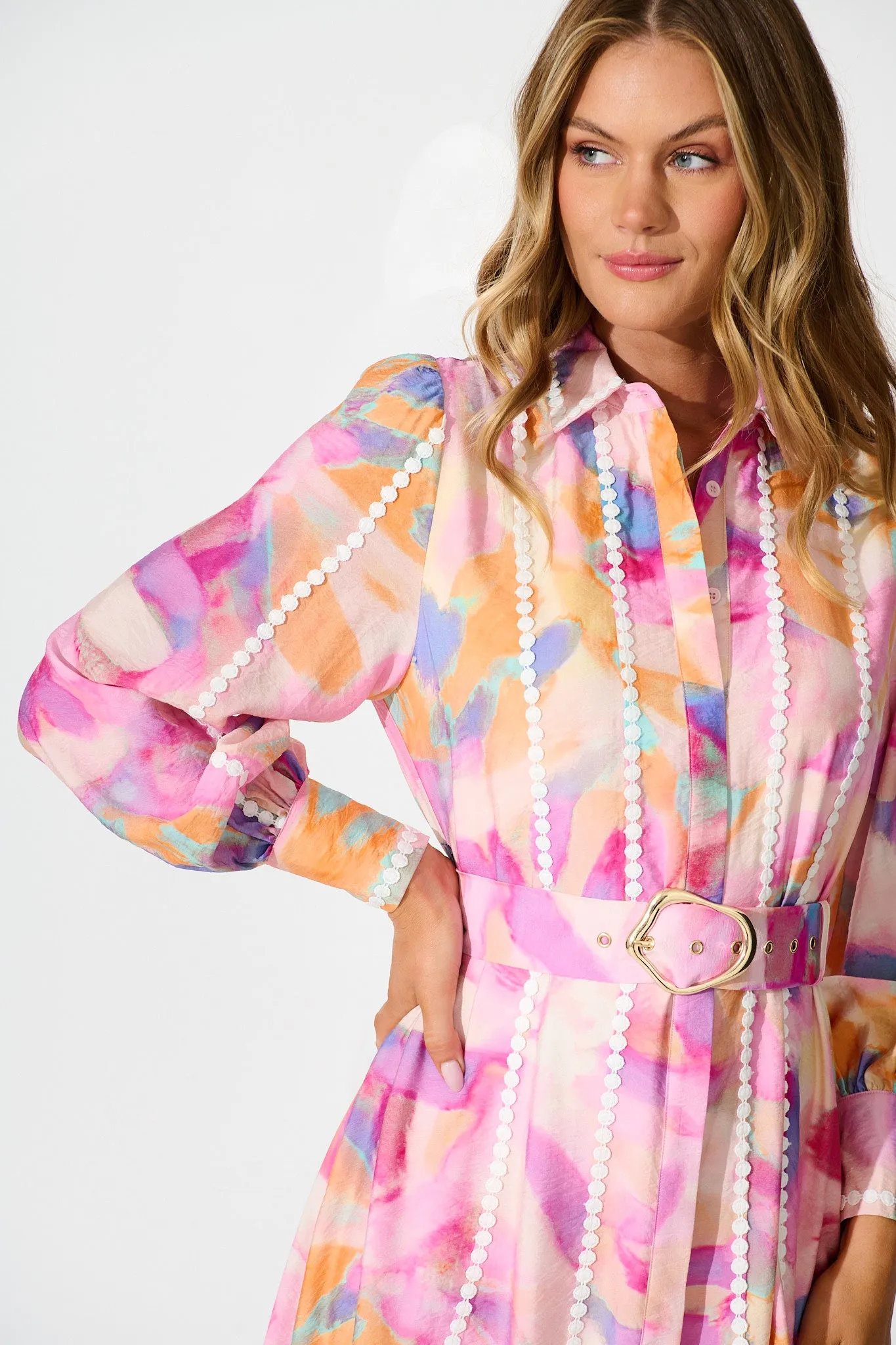 Lovingly Maxi Shirt Dress in Pink with Purple Watercolour sold by St Frock product image thumbnail 5