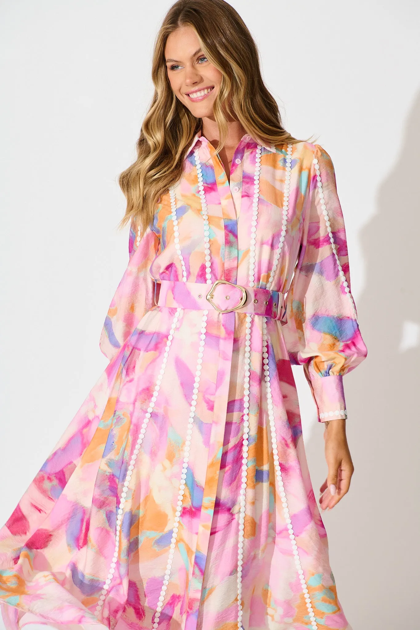 Lovingly Maxi Shirt Dress in Pink with Purple Watercolour sold by St Frock product image thumbnail 2