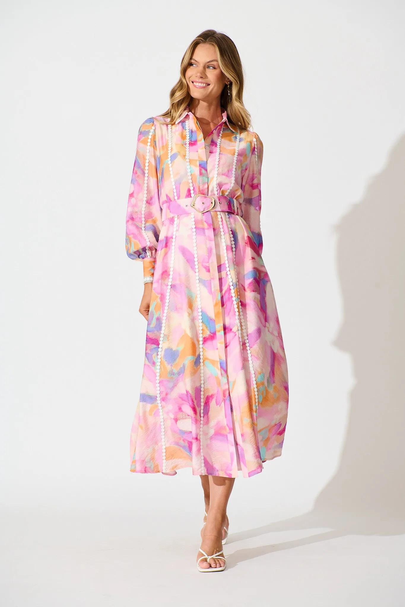 Lovingly Maxi Shirt Dress in Pink with Purple Watercolour sold by St Frock