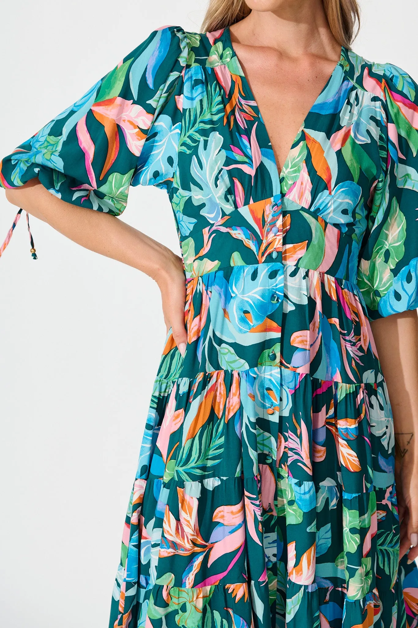 Copenhagen Midi Dress in Teal with Multi Leaf Print sold by St Frock product image thumbnail 5